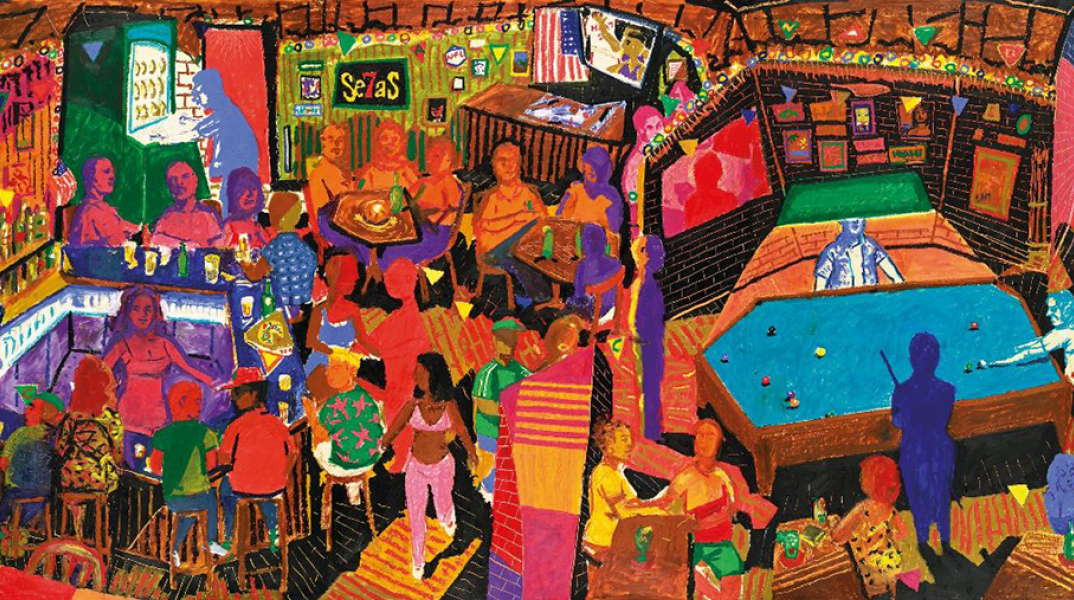 Νίκος Κυριακόπουλος, Seven Seas Bar, λαδοπαστέλ σε χαρτί, 100 x 210 εκ.