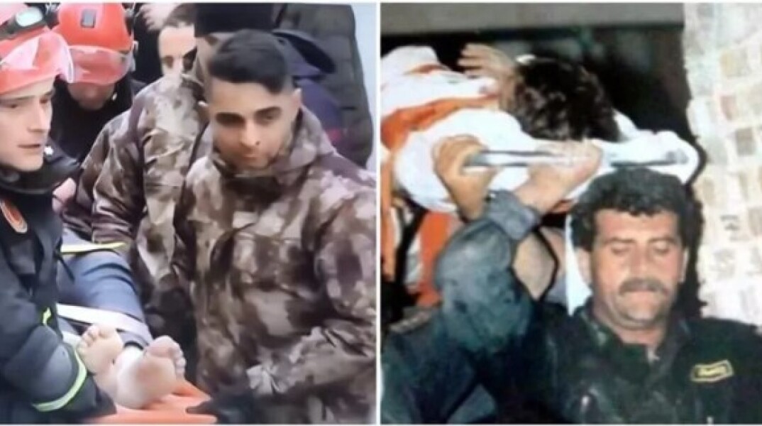 Ο Κωνσταντίνος Νίκας αριστερά σώζει παιδί από τα χαλάσματα στην Τουρκία - Δεξιά ο πατέρας του, Παναγιώτης, στη διάσωση του μικρού Ανδρέα το 1995 στο Αίγιο
