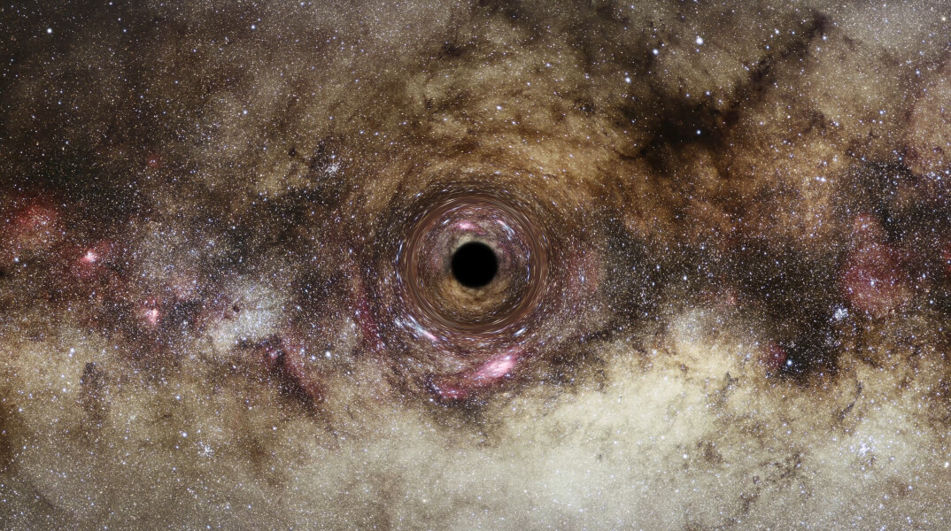 Η εντύπωση ενός καλλιτέχνη για μια μαύρη τρύπα, όπου το έντονο βαρυτικό πεδίο της μαύρης τρύπας παραμορφώνει το χώρο γύρω της