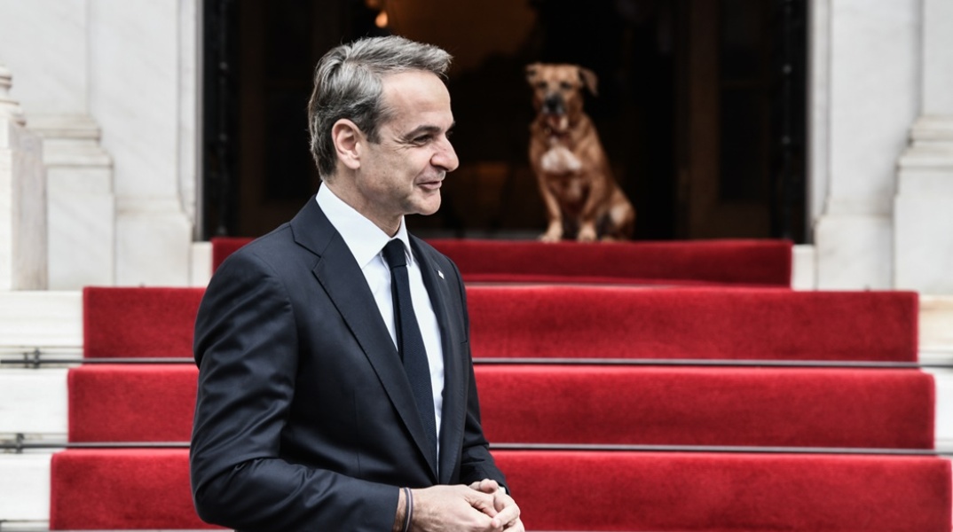 Ο Κυριάκος Μητσοτάκης με τον αδέσποτο σκύλο που υιοθέτησε το Μέγαρο Μαξίμου