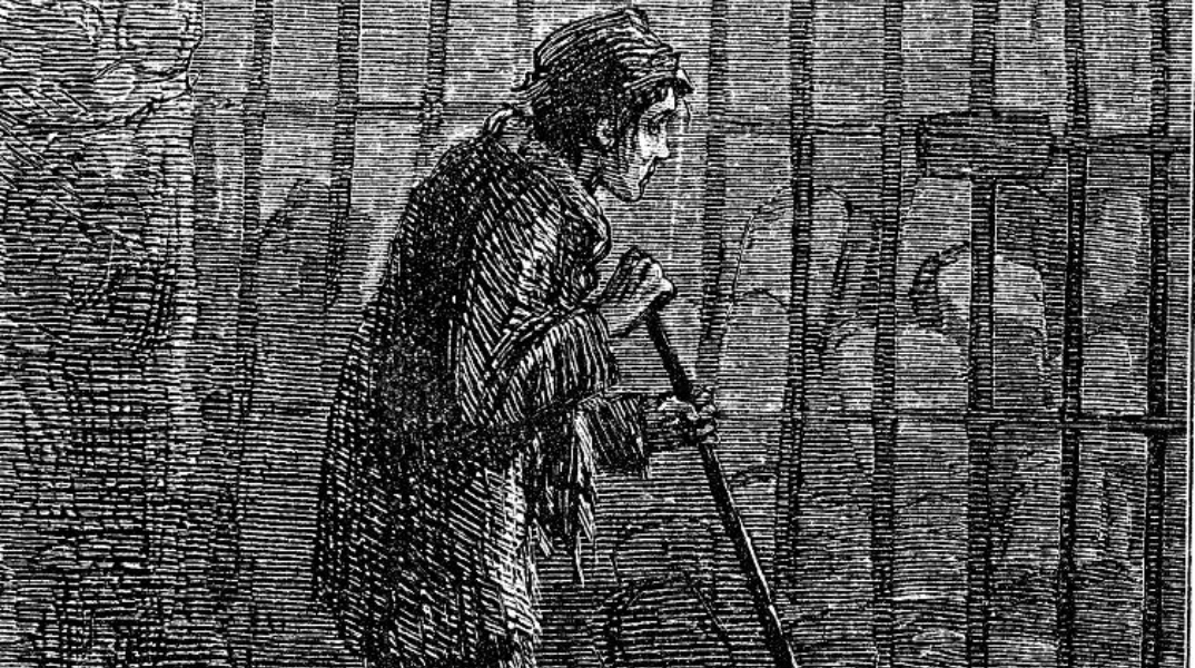 Εικ.: Phiz (Hablot K. Browne), Τζο ο οδοκαθαριστής, εικονογράφηση για τον «Ζοφερό Οίκο» του Ντίκενς (1853)