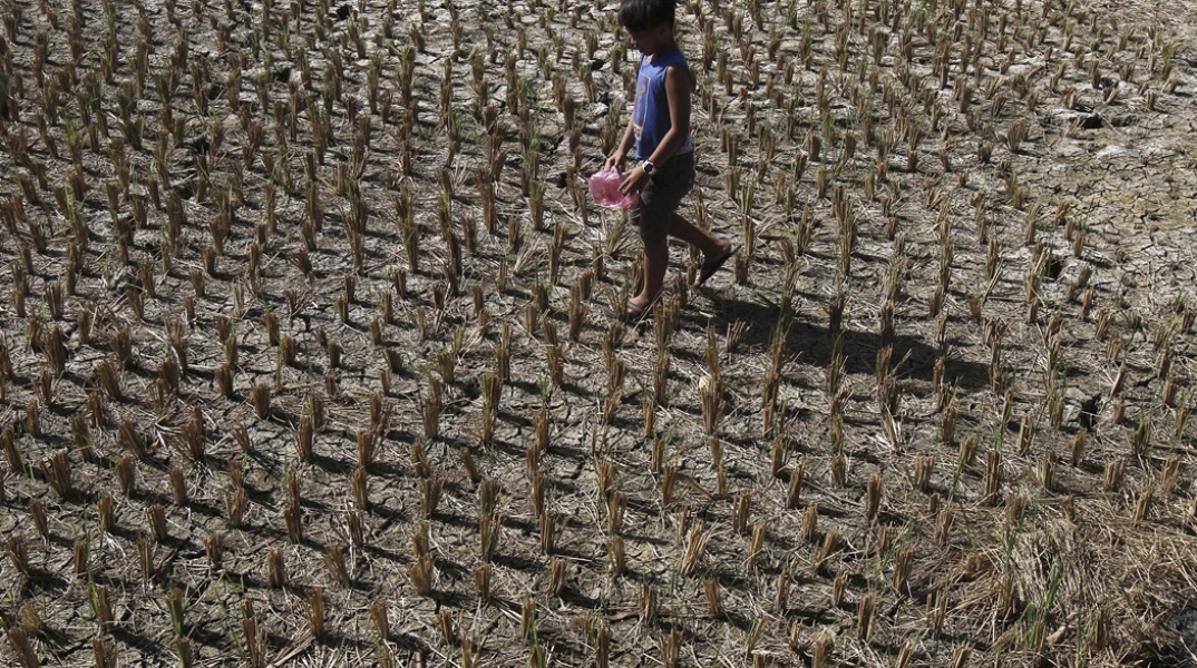 Παιδί σε χωράφι με εμφανή τα σημάδια της ξηρασίας