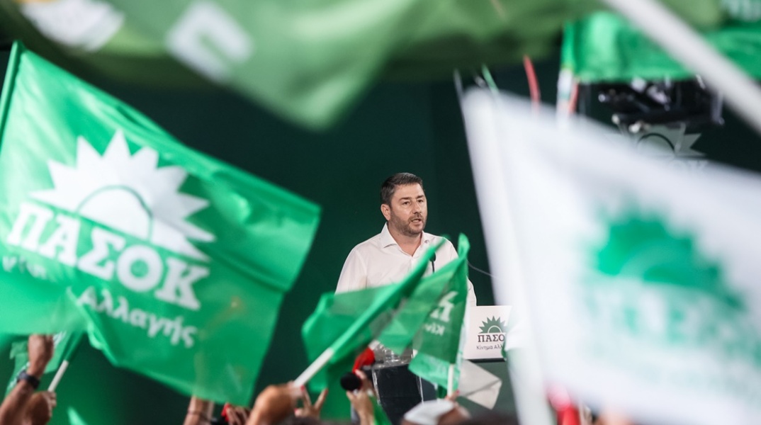 Ο Νίκος Ανδρουλάκης ανάμεσα σε σημαίες του ΠΑΣΟΚ