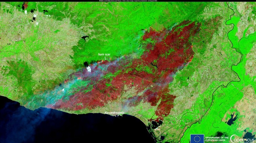  Δορυφορική καταγραφή της καμένης γης στην Αλεξανδρούπολη από την ευρωπαϊκή υπηρεσία Copernicus