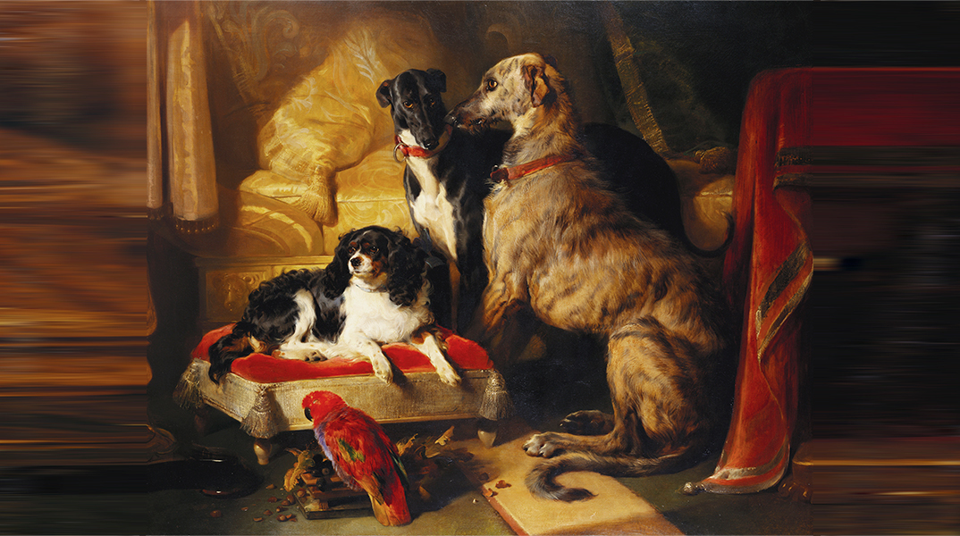 Edwin Landseer, Hector, Nero and Dash with the Parrot Lory, 1838 Royal Collection Trust _ © His Majesty King Charles III 2023