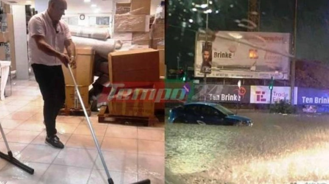 Πλημμυρισμένοι δρόμοι και άνδρας που προσπαθεί να διώξει τα νερά από την επιχείρησή του