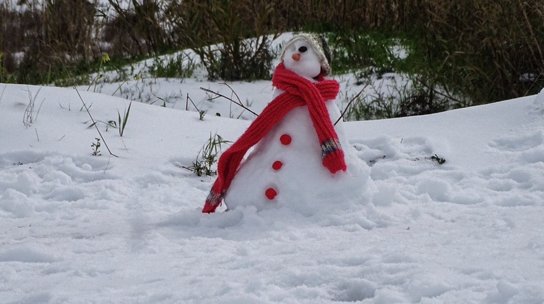 Χιονάνθρωπος πάνω σε χιόνια με κλαδιά για χέρια και κασκόλ