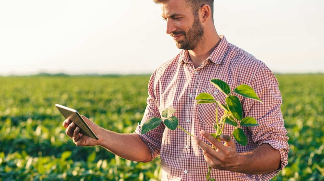 Αγρότης κρατά στα χέρια του κινητό και φυτό ενώ βρίσκεται χωράφι