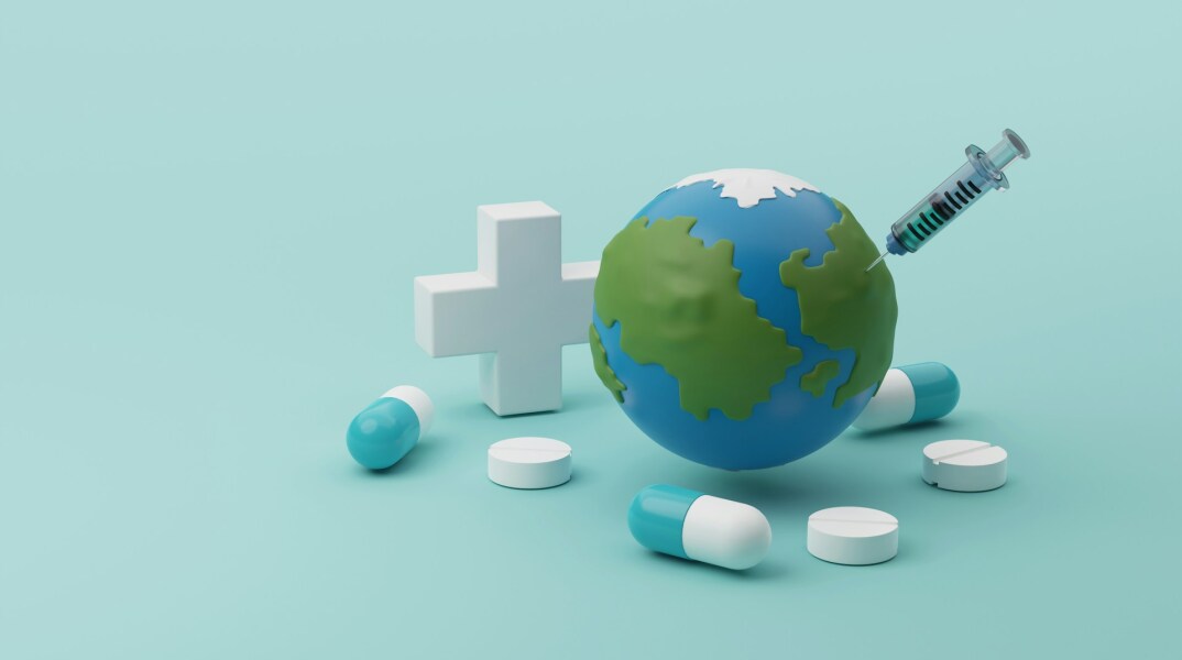 Ο πλανήτης γη με χάπια γύρω του και ενέσεις