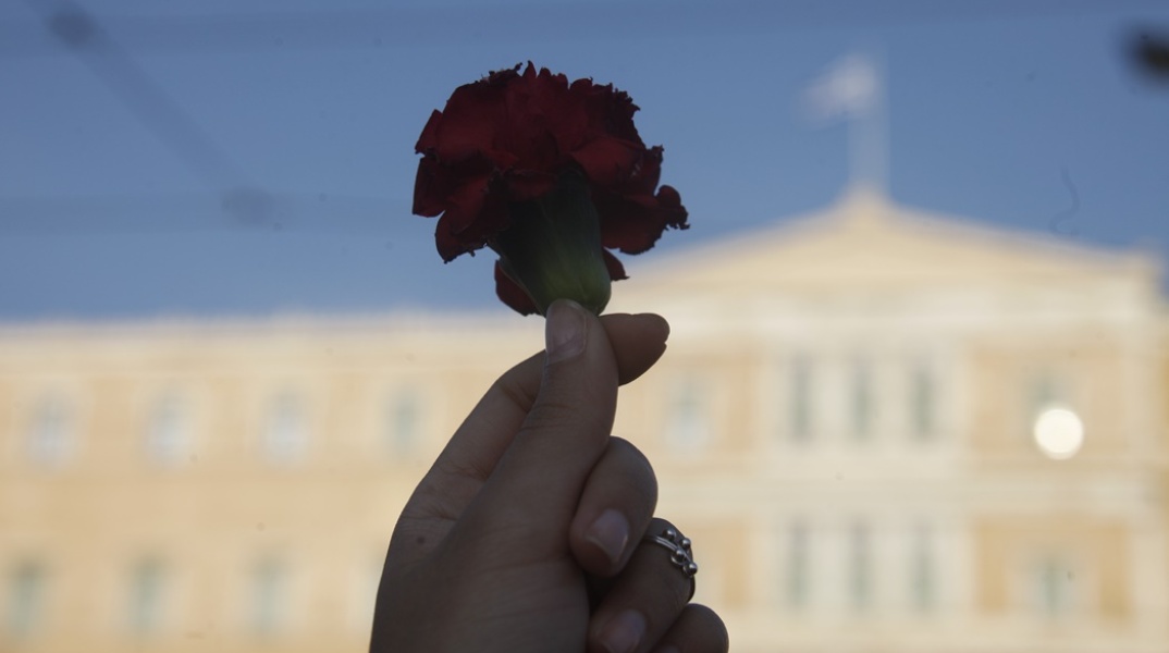 Χέρι κρατά κόκκινο τριαντάφυλλο με φόντο τη Βουλή των Ελλήνων