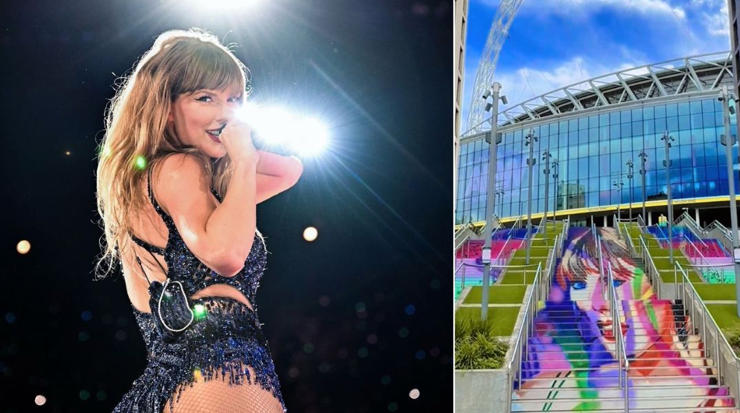 Τέιλορ Σουίφτ: Καλλιτέχνης δημιούργησε γιγάντιο γκράφιτι της Αμερικανίδας ποπ σταρ στα σκαλιά του Γουέμπλεϊ - Προσελκύει μεγάλο αριθμό θαυμαστών.