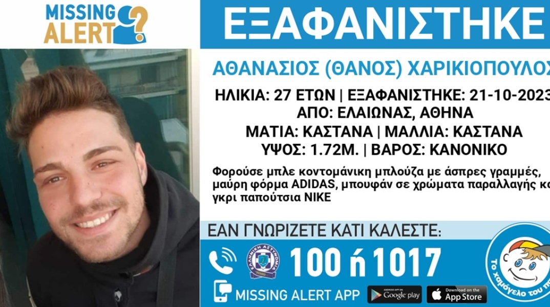 Εξαφάνιση 27χρονου από τον Ελαιώνα