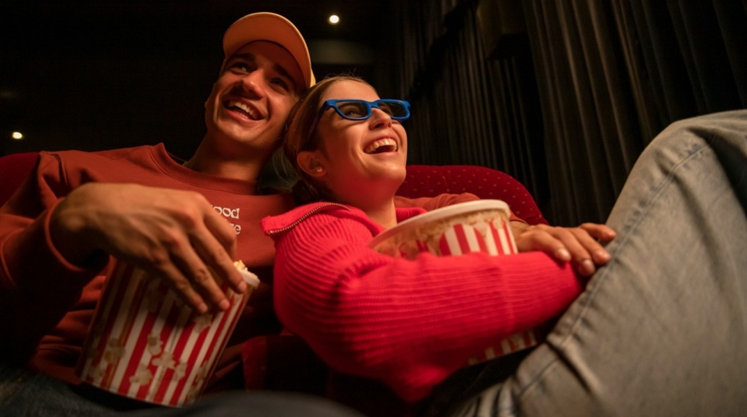 Ζευγάρι βλέπει ταινία σε αίθουσα κινηματογράφου