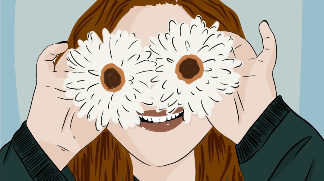 Σκίτσο κοπέλας που κρατάει μπροστά από τα μάτια της δύο μεγάλες μαργαρίτες