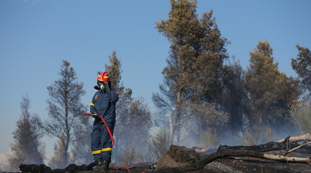 Πυροσβέστης κατά τη διάρκεια κατάσβεσης φωτιάς