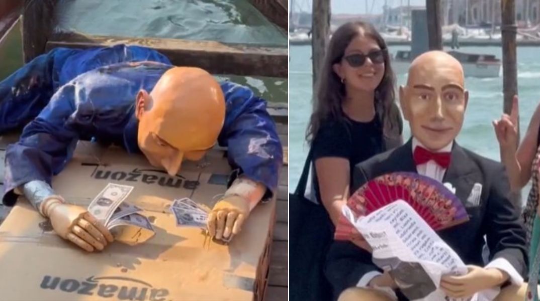 Σατιρικές μακέτες του Τζεφ Μπέζος εμφανίστηκαν στη Βενετία πριν τον γάμο του - Αντιδράσεις των κατοίκων για την παρουσία δισεκατομμυριούχων στην ιστορική πόλη. 