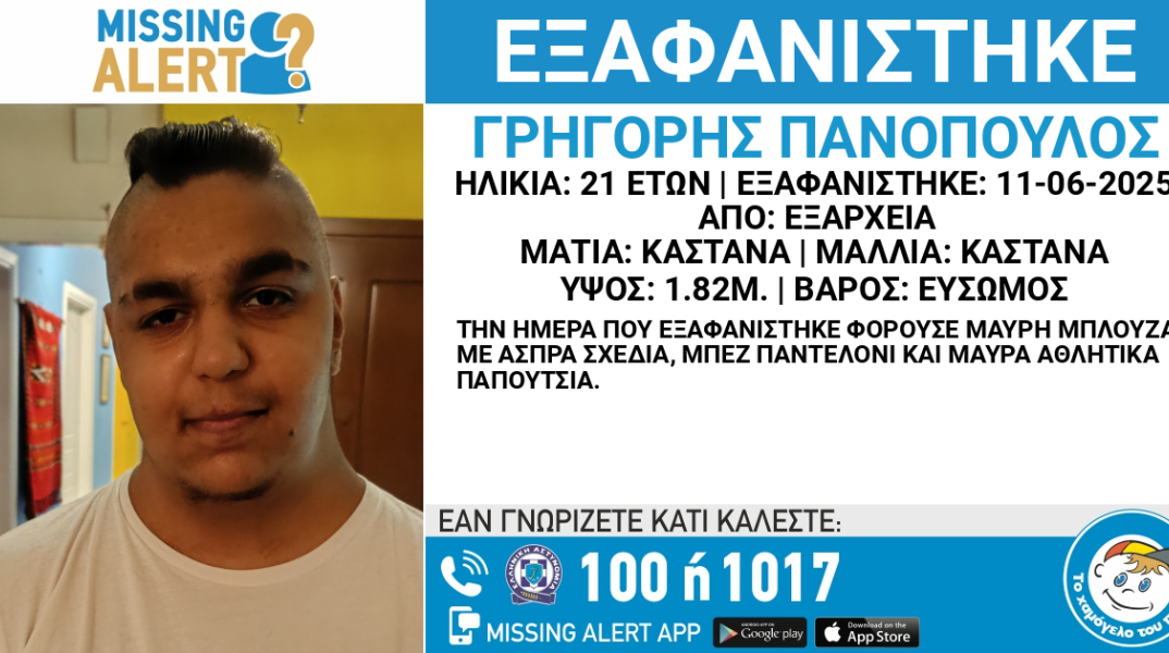 Συναγερμός για την εξαφάνιση 21χρονου από τα Εξάρχεια