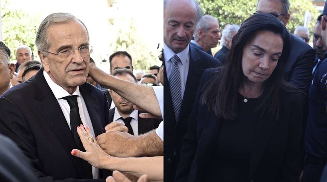 Συνεντριμμένοι ο Αντώνης και η Γεωργία Σαμαρά στην κηδεία της κόρης τους, Λένας