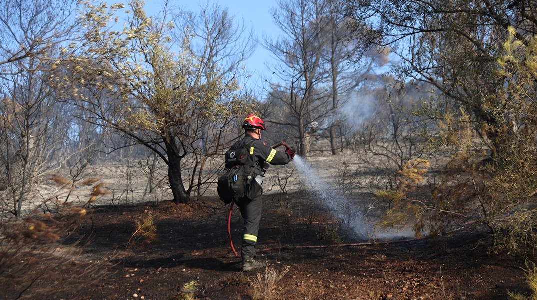 Πυροσβέστης επιχειρεί με μάνικα