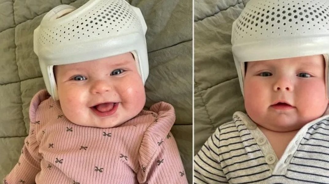 Φοράει κράνη στα δίδυμα μωρά της και εξηγεί το γιατί