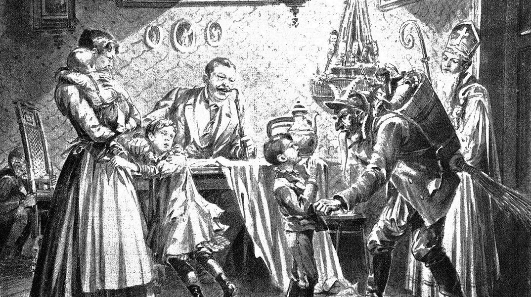 Ο Κράμπους και ο Άγιος Νικόλαος επισκέπτονται βιεννέζικο σπίτι, 1896. © Wikimedia Commons