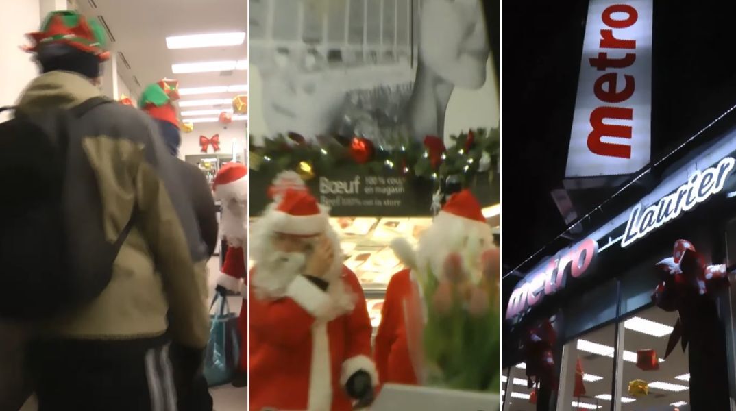 Μεταμφιεσμένοι σε Άγιους Βασίληδες, μέλη συλλογικότητας στο Μόντρεαλ πήραν τρόφιμα από σούπερ μάρκετ για να τα μοιράσουν σε άπορους, καταγγέλλοντας την ακρίβεια