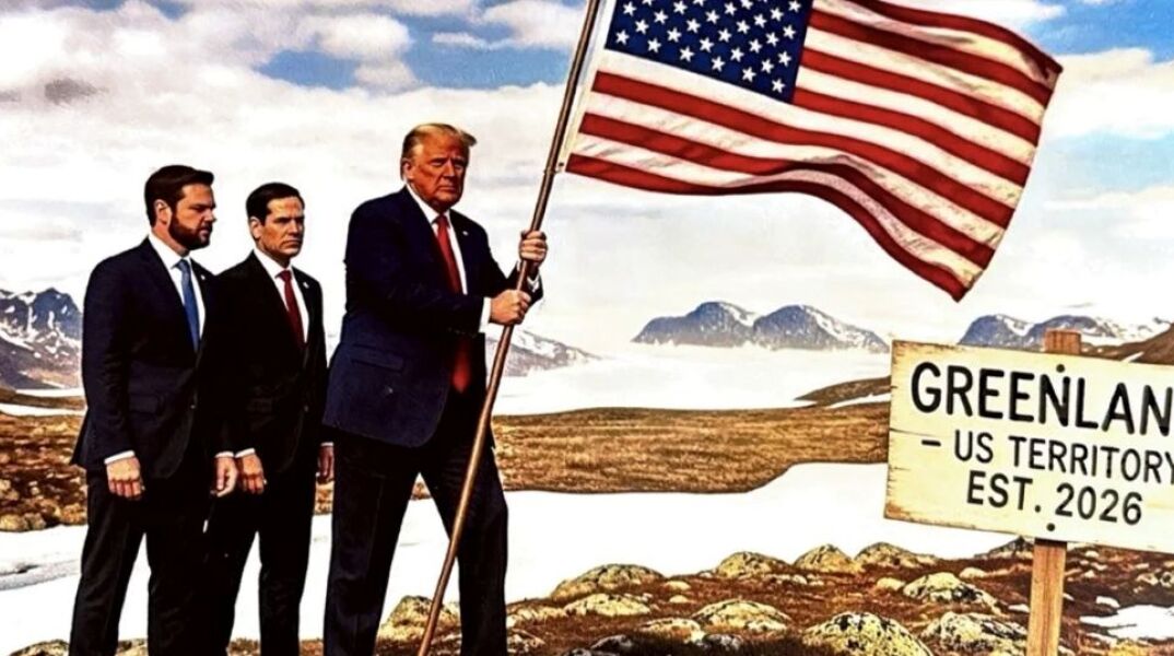 Φωτογραφία AI από ανάρτηση του Ντόναλντ Τράμπ, που τον εμφανίζει να βάζει μια αμερικανική σημαία στη Γροιλανδία και μια πινακίδα να γράφει ΓΡΟΙΛΑΝΔΙΑ ΕΔΑΦΟΣ ΤΩΝ ΗΠΑ ΑΠΟ ΤΟ 2026