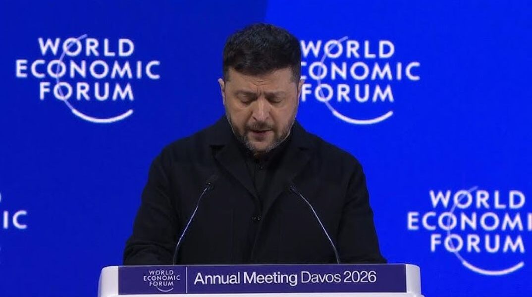 Ο Βολοντίμιρ Ζελένσκι στο βήμα του Παγκόσμιου Οικονομικού Φόρουμ του Νταβός