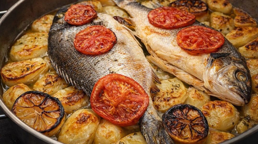 Τσιπούρα στον φούρνο με πατάτες, κρεμμύδια, λεμόνια και ντομάτα