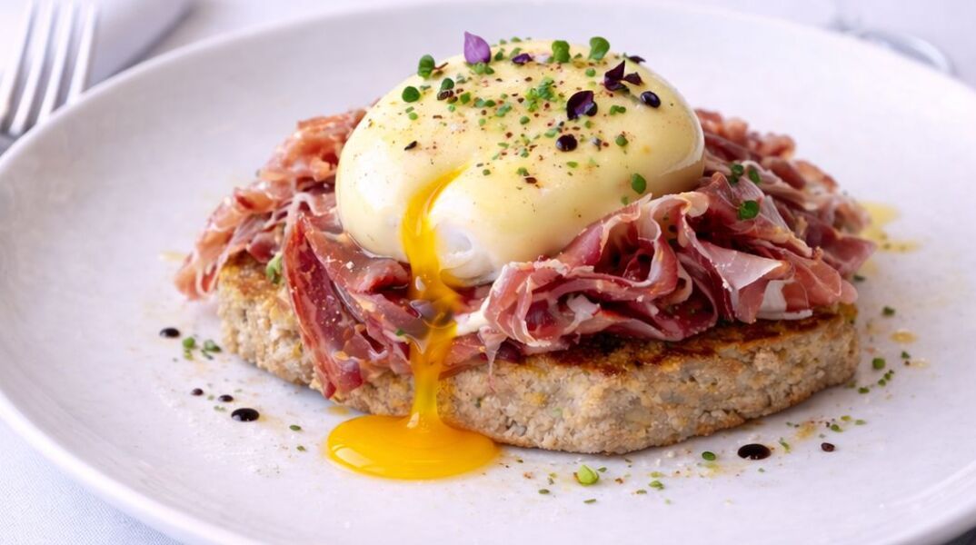 Αυγά ποσέ με προσούτο και σπιτική σάλτσα hollandaise σε φρυγανισμένο ψωμί