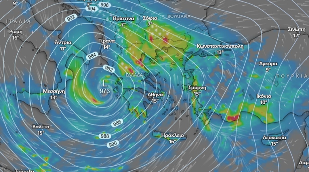 Χάρτης καιρού που απεικονίζει χαμηλό βαρομετρικό