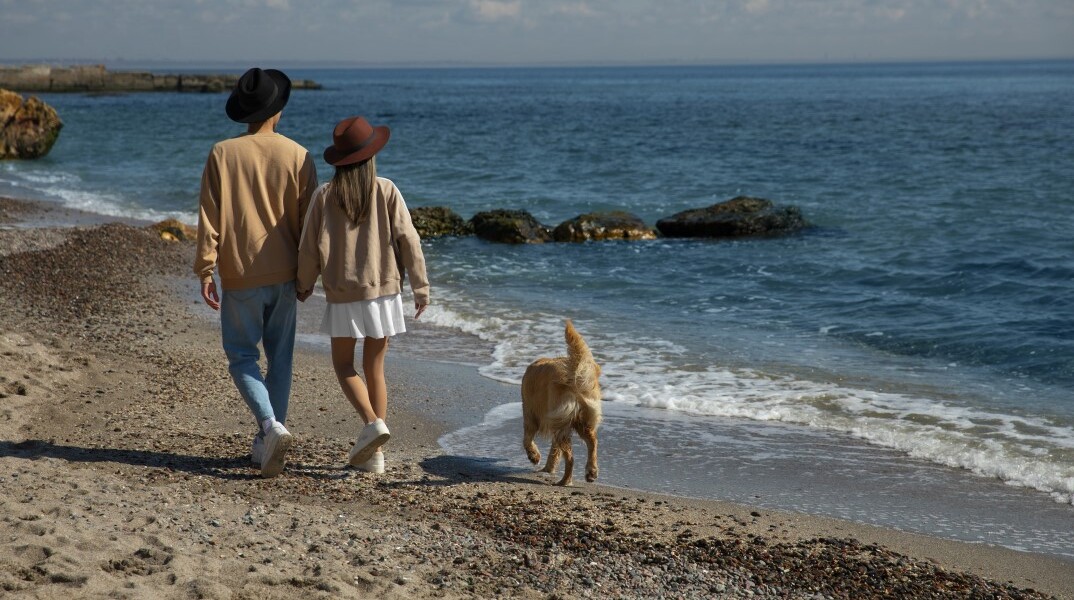 Ζευγάρι περπατά στην παραλία μαζί με τον σκύλο τους