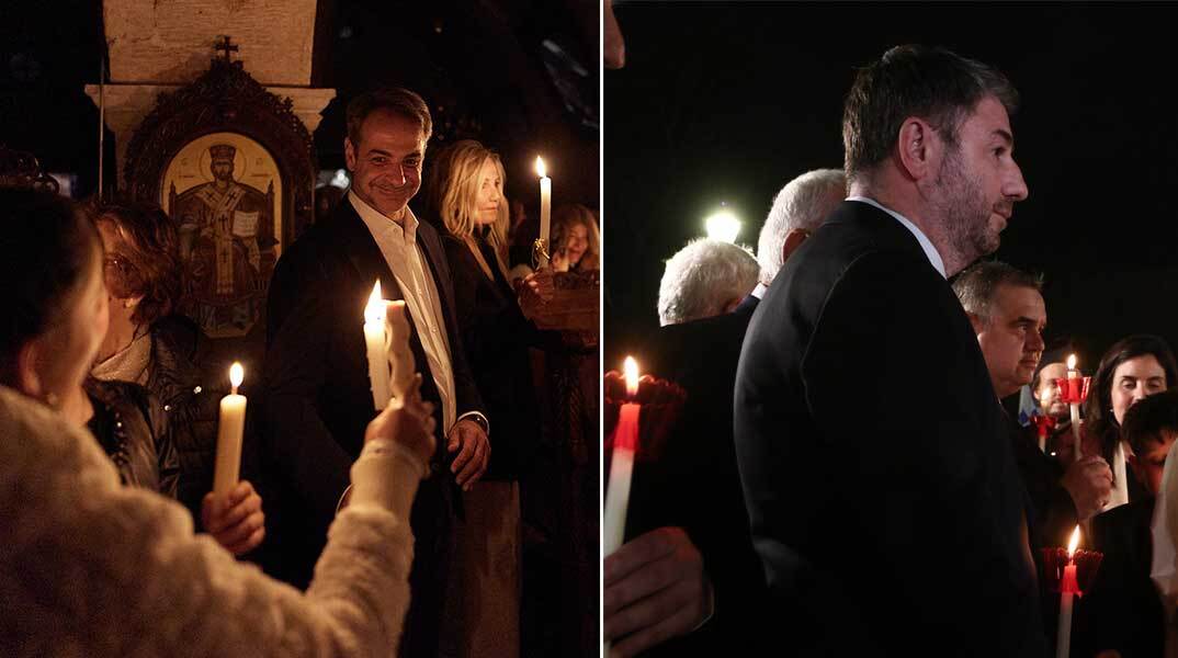 Κυριάκος Μητσοτάκης και Νίκος Ανδρουλάκης στην ακολουθία της Ανάστασης