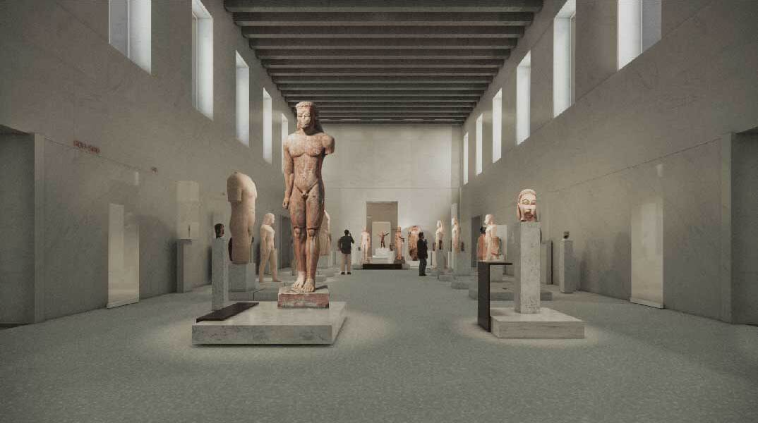 Φωτορεαλιστική απεικόνιση από την αίθουσα με τους Κούρους και τις Κόρες στο Εθνικό Αρχαιολογικό Μουσείο