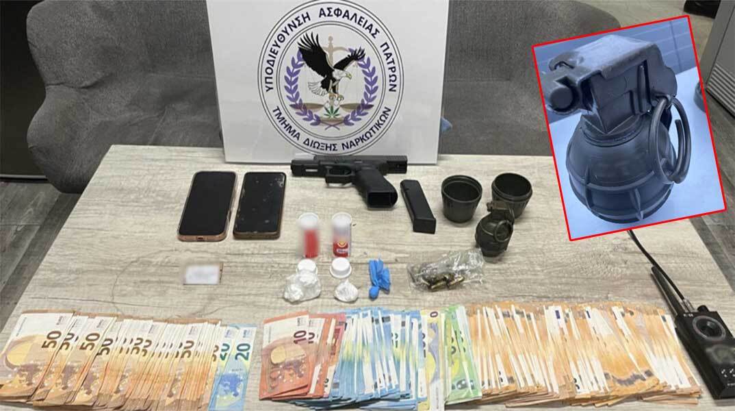 Χειροβομβίδα ανάμεσα στα ευρήματα της Αστυνομίας για κύκλωμα διακίνησης ναρκωτικών στην Αχαΐα