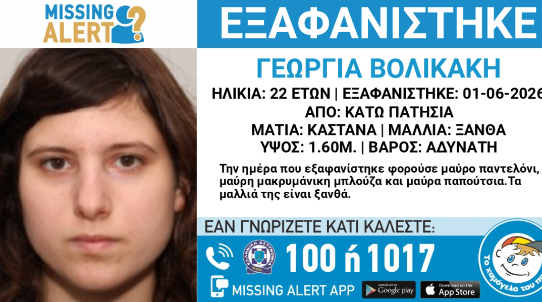 Συναγερμός για την εξαφάνιση 22χρονης από τα Κάτω Πατήσια 