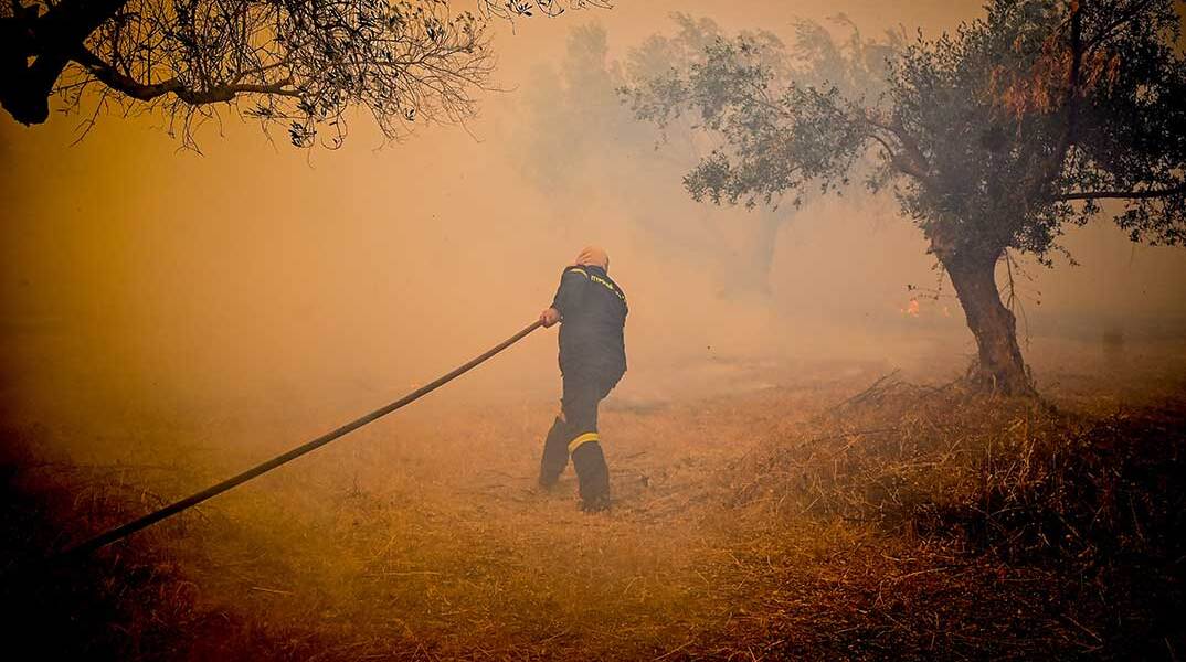 Πυροσβέστης επιχειρεί στη φωτιά στην Κερατέα