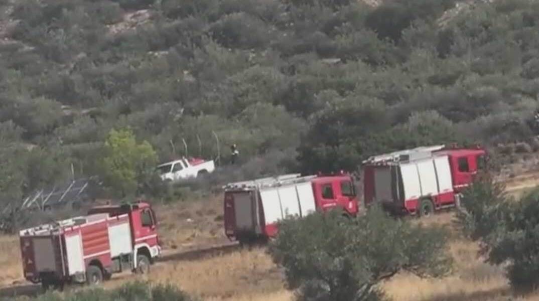 Πυροσβεστικά οχήματα σχηματίζουν «τείχος» στο βουνό για τη φωτιά στον Κουβαρά