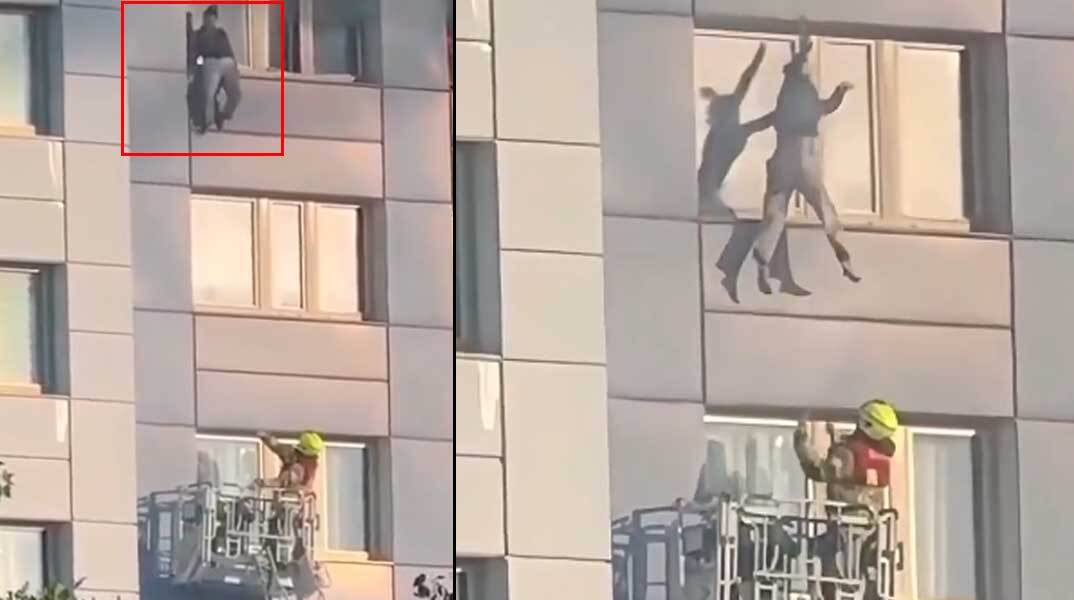 Γυναίκα στο Βερολίνο ετοιμάζεται να πηδήξει στο κενό για να σωθεί από τη φωτιά