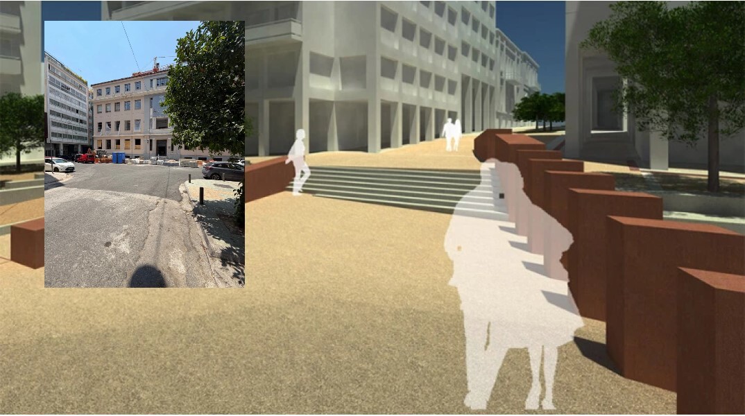 Μακέτα για την ανάπλαση στην πλατεία Θεάτρου (κεντρική) - Η τωρινή εικόνα (ένθετη)
