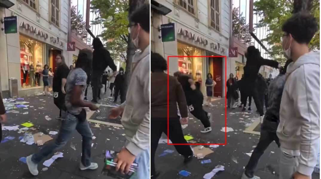 Η στιγμή που διαδηλωτής στη Γαλλία χτυπά πισώπλατα ιδιοκτήτη καταστήματος
