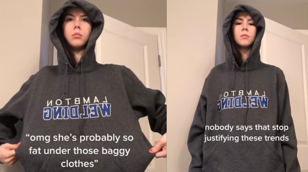 Η χρήστης @ihy69 διαμαρτυρόμενη για την επικράτηση του fat-shaming trend στο TikTok