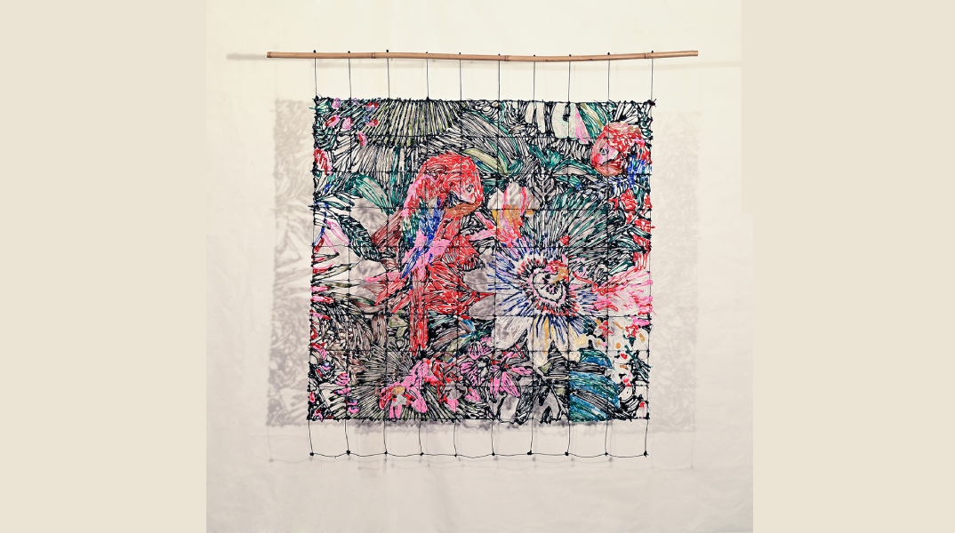 Georgia Damopoulou, Portable Oasis, 2022, resin, thread, reed, 105x110cm