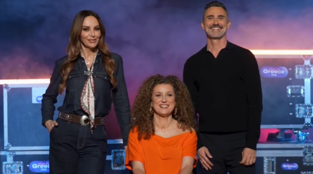 Οι παρουσιαστές της βραδιάς του α' εθνικού ημιτελικού της Eurovision, Μπέττυ Μαγγίρα, Κατερίνα Βρανά και Γιώργος Καπουτζίδης