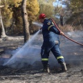 Πυροσβέστης με τη μάνικα ανά χείρας επιχειρεί για την κατάσβεσης φωτιάς