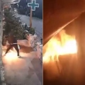 Η στιγμή που δύο δράστες με καλυμμένα τα πρόσωπά τους πυρπολούν φαρμακείο στην Αρκαδία