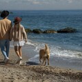 Ζευγάρι περπατά στην παραλία μαζί με τον σκύλο τους