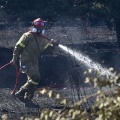 Πυροσβέστης με τη μάνικα ανά χείρας επιχειρεί για την κατάσβεσης φωτιάς