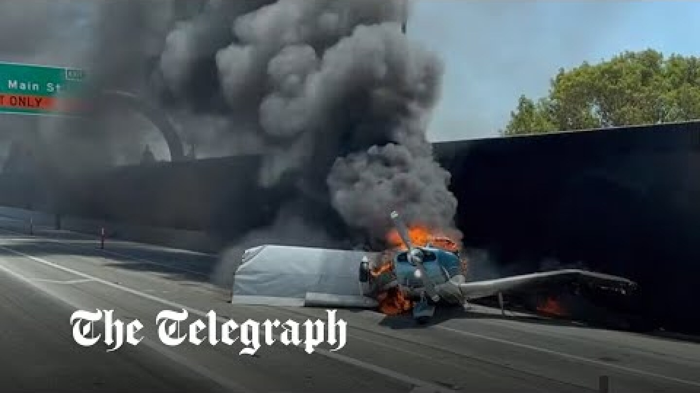 Moment plane crashes on California freeway - and passengers survive