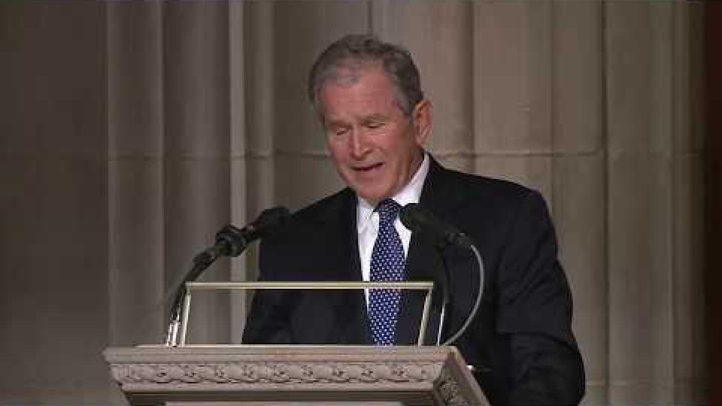 George W Bush cries during George H.W Bush's eulogy